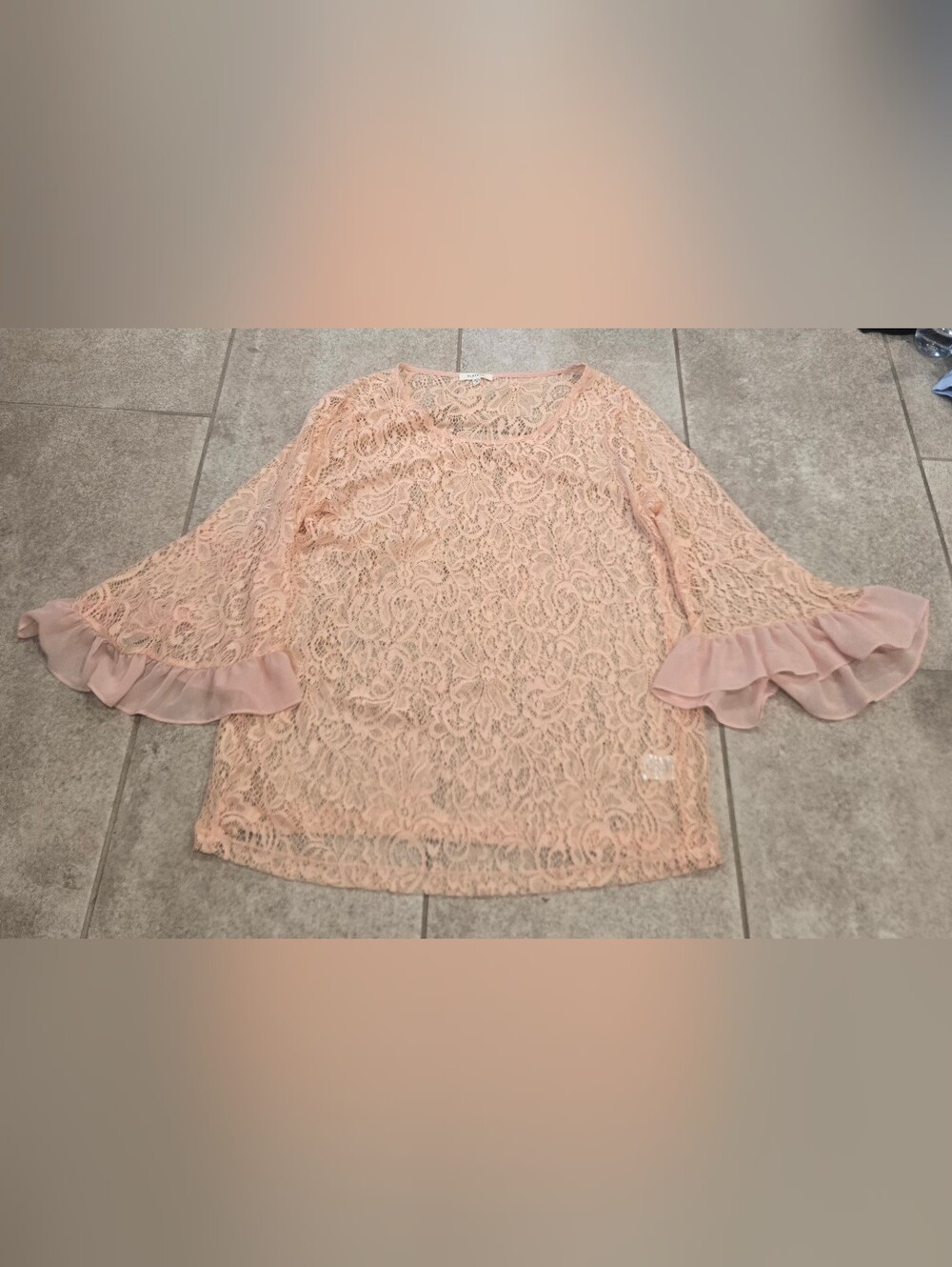 Pleione Peach Lace Blouse Top M Boho Ruffle Bell Sleeve Sheer Floral Coquette